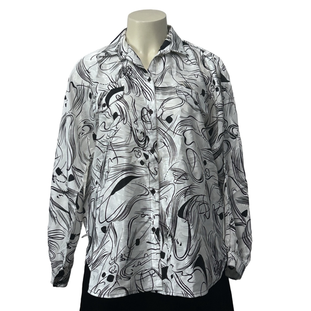 Vintage CoCo Abstract Satin Button Down Blouse White Black 2X-3X